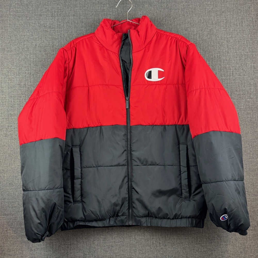 Champion Puffer Jacket Mens Medium Red Black Full Zip Quilted Winter Coat Warm